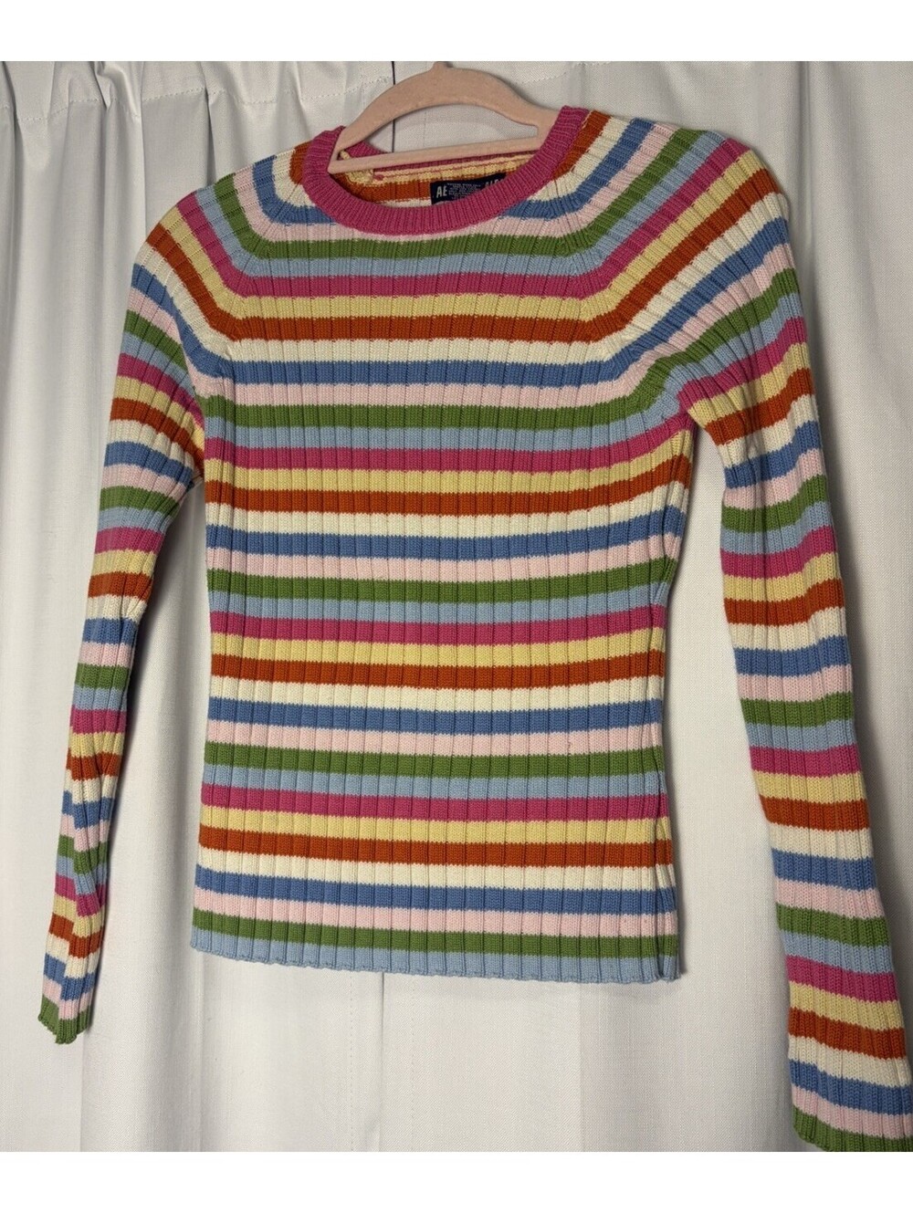 Vintage Y2K Aeropostale Rainbow Ribbed Stripe Knit Cotton Crew Sweater Medium